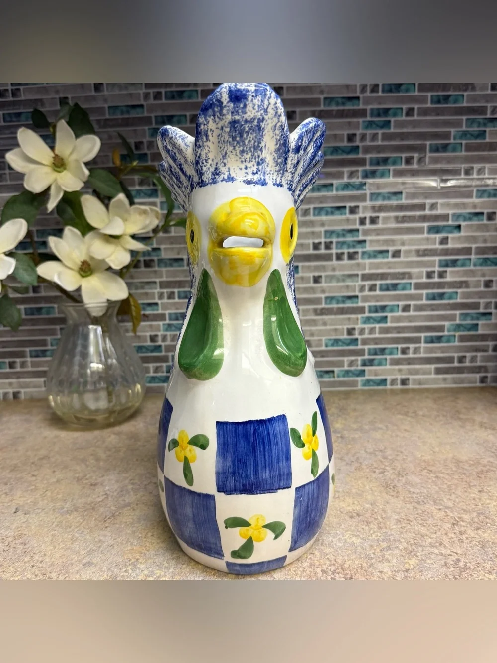 JF Vestal Chicken Blue and White Spongeware Pitcher vase